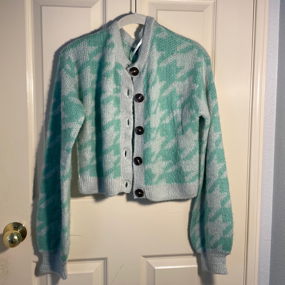 Teal cardigan with abstract print size small